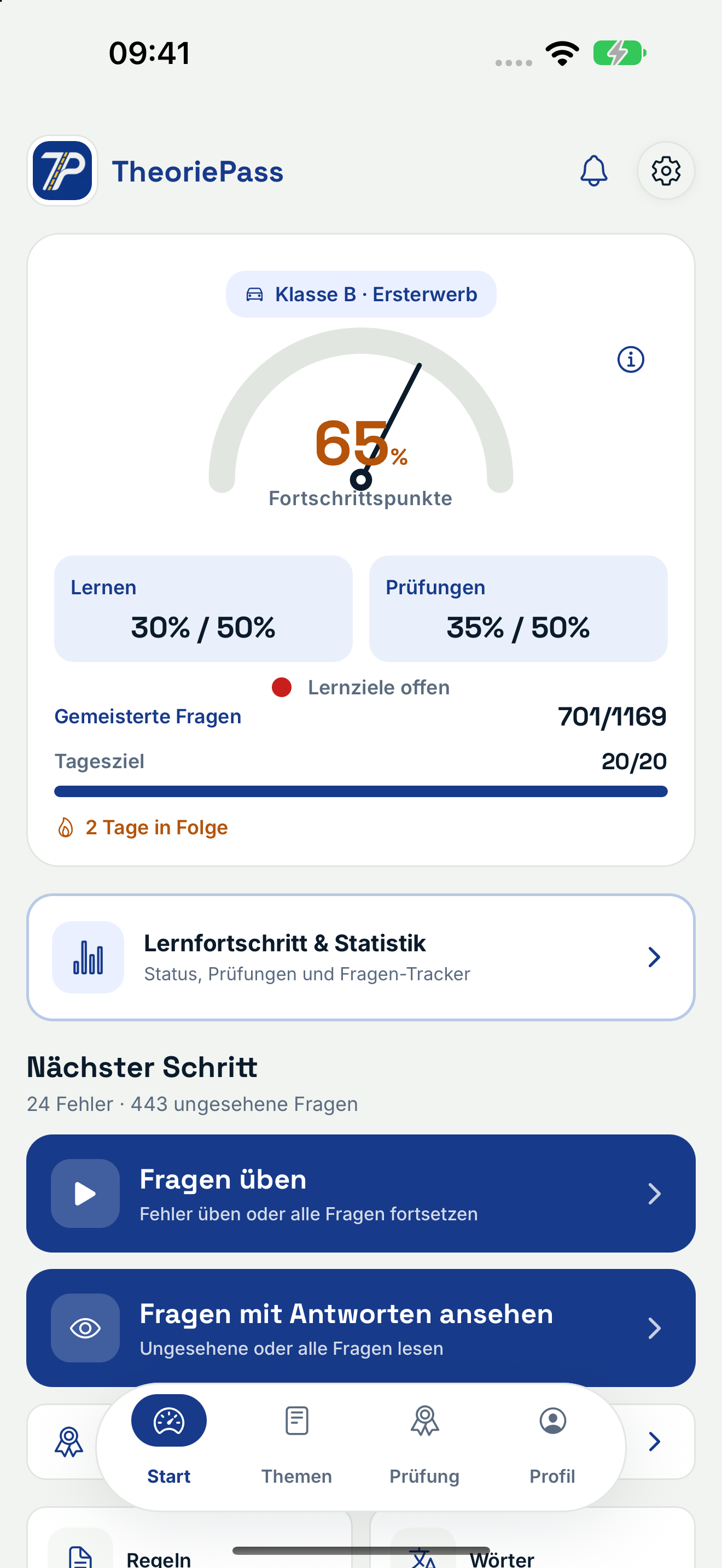 TheoriePass – echte App-Ansicht auf Deutsch